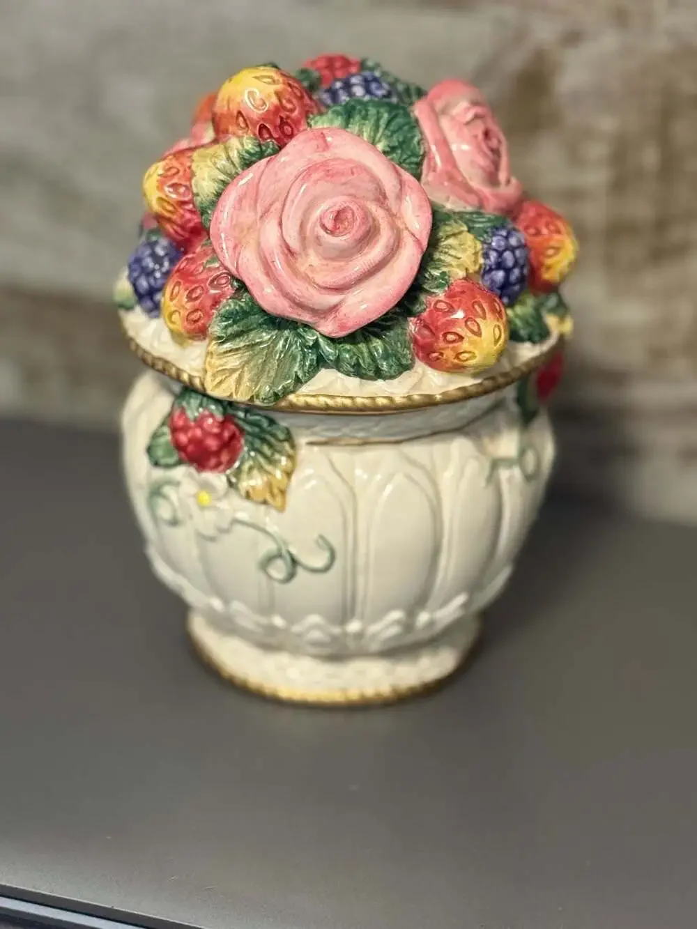 Fitz and Floyd Ceramic Lidded Candy Dish - Roses & Berries Design